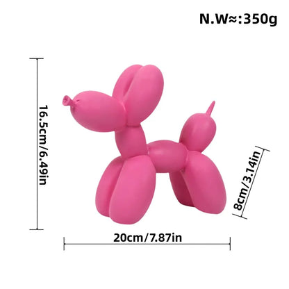 Pink balloon dog sculpture with measurements on a white background