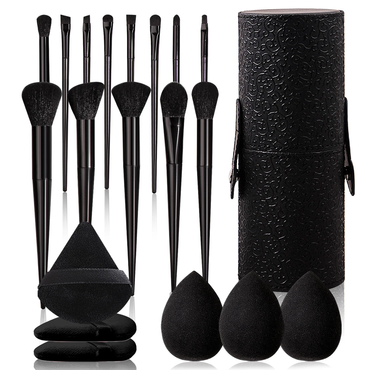 Black 20-piece makeup tool set: 13 makeup brushes +3 pieces of beauty eggs +3 pieces of powder puff +1 piece of storage bucket Pure Ember