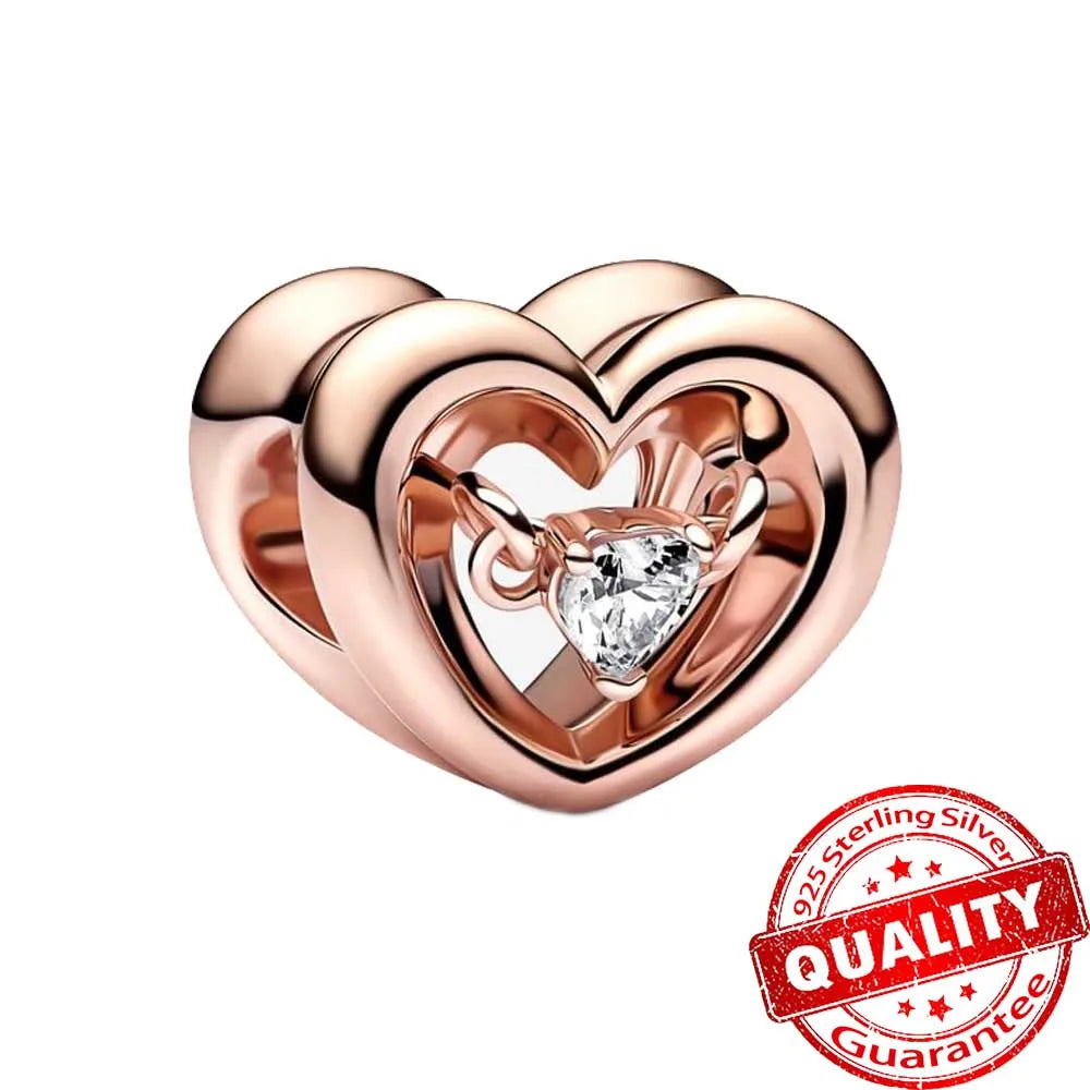 Sparkling Rose Gold Pavé Triple-row Beads Pink Gem Entwined Hearts Charm Fits Brand Bracelet Pure Ember