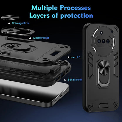 Phone case with layers of protection labeled on a dark background