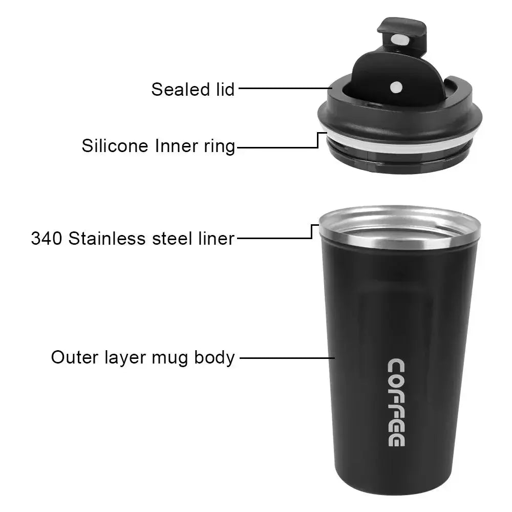 Thermo Cafe Mug - Stainless Steel Coffee Mug with sealed lid, silicone ring, and 340 stainless steel liner for thermal insulation.