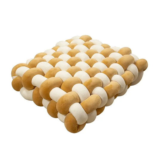 White & Caramel Soft White & Green Soft Hand-woven Knotted Cushion