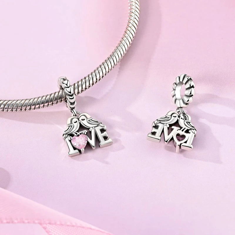 925 Sterling Silver Pink Charms Bead Butterfly Fairy Elephant Fox Pendants Pure Ember