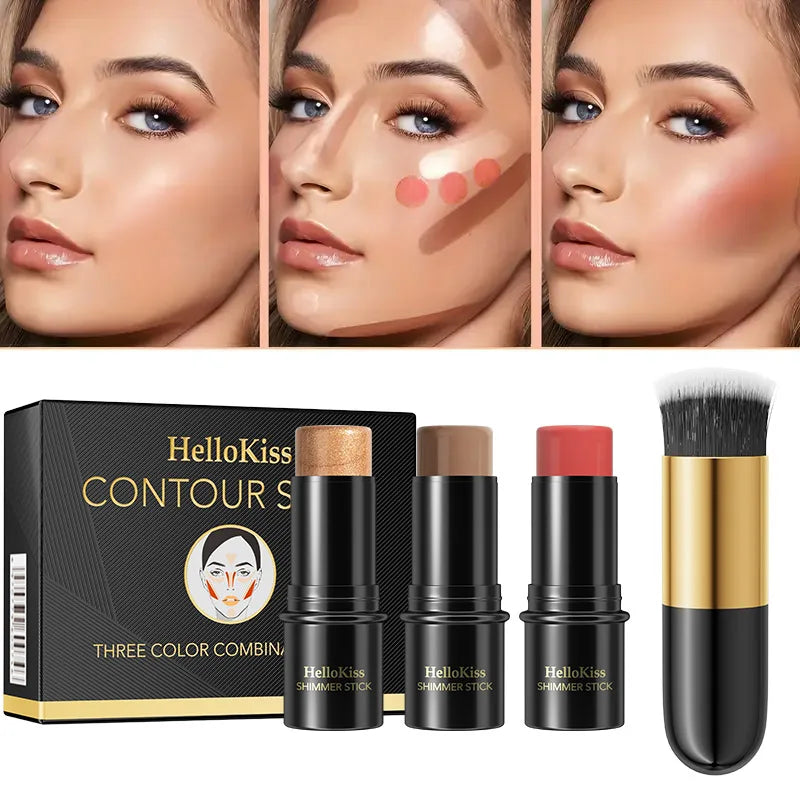 4pcs Contour Stick, Highlighter Stick, Blush Stick 4pcs Cream Contour Kit with Contour Brush, Contour, Non-greasy Pure Ember