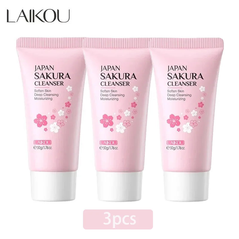 Three pink tubes of LAIKOU Japan Sakura Cleanser on a white background