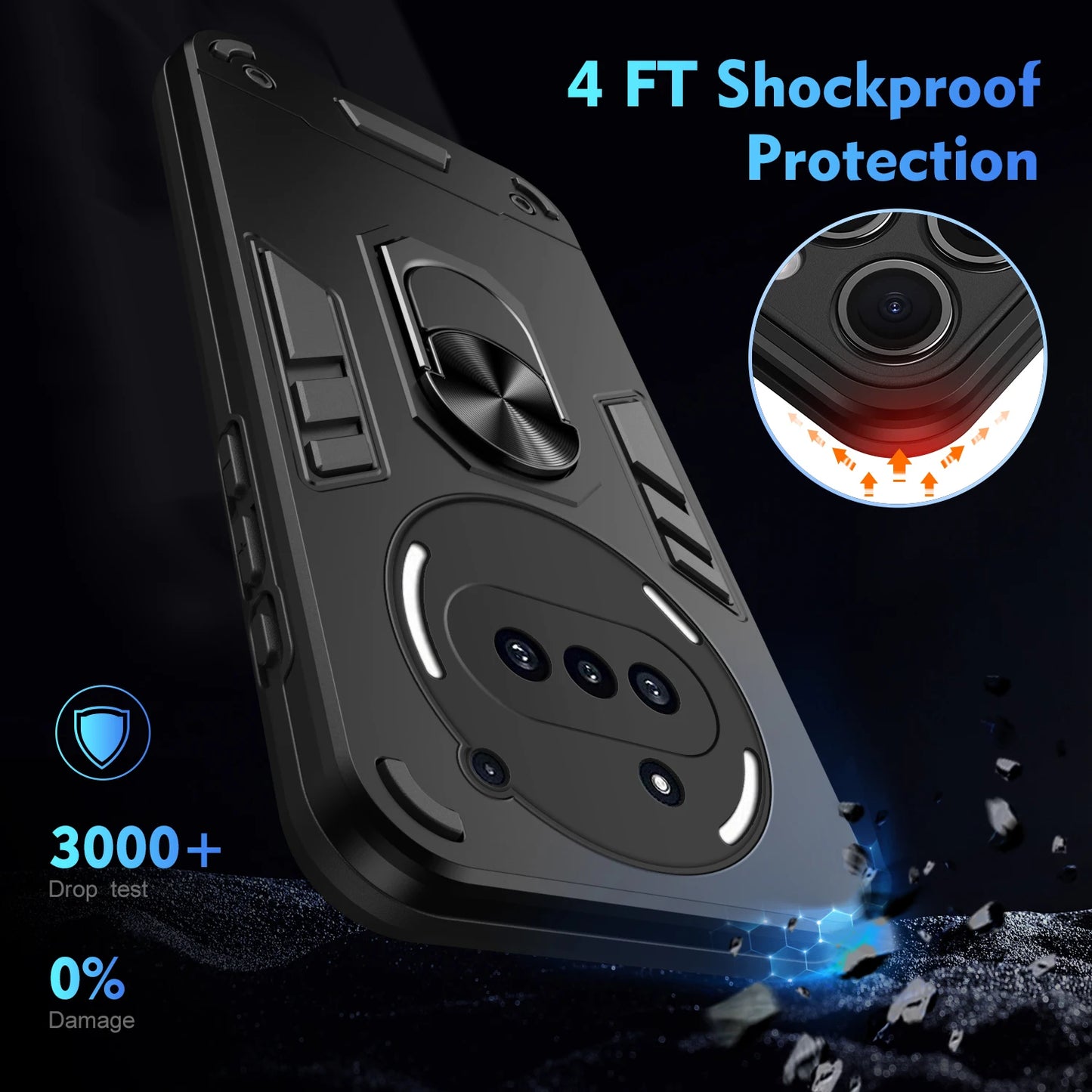Rugged phone case with shockproof protection features on a dark background
