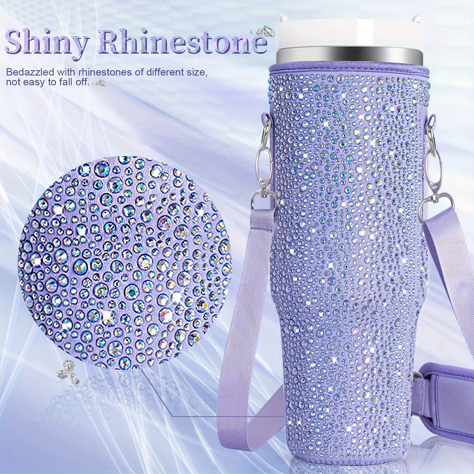 Shiny rhinestone water bottle with a close-up of rhinestones on a light purple background