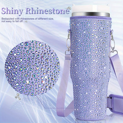 Shiny rhinestone water bottle with a close-up of rhinestones on a light purple background