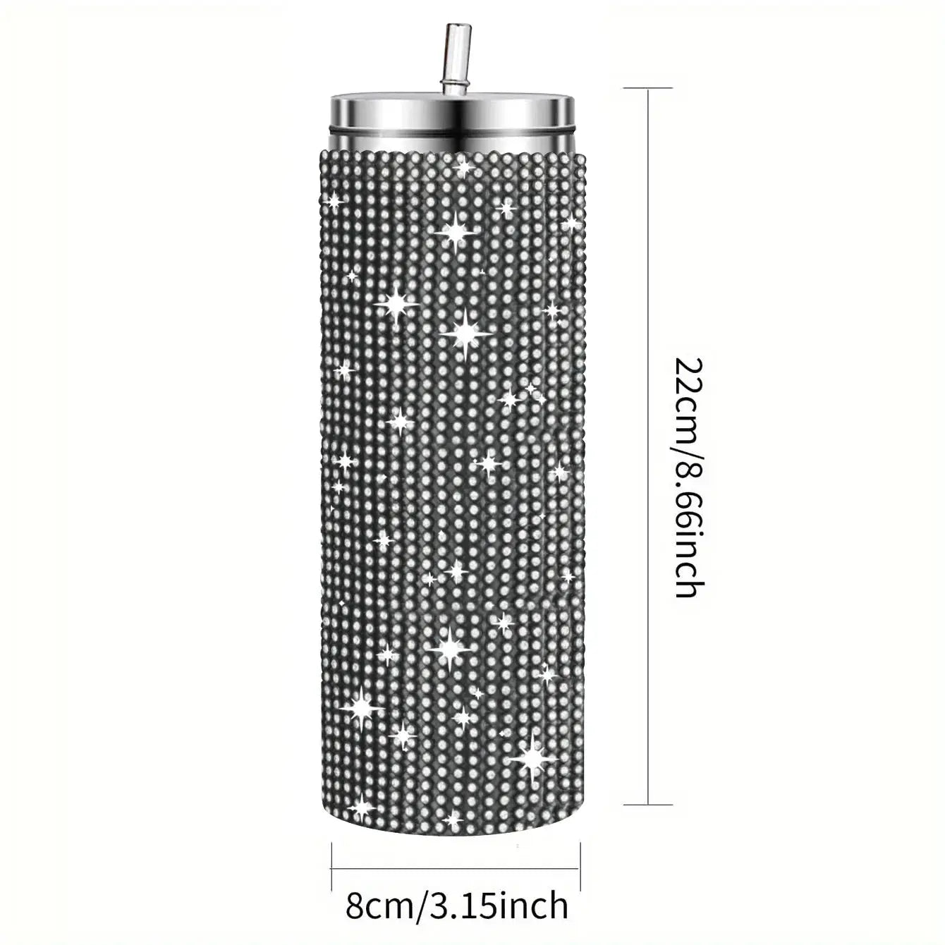Tumbler with rhinestone pattern and dimensions on a white background