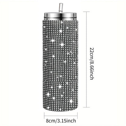 Tumbler with rhinestone pattern and dimensions on a white background