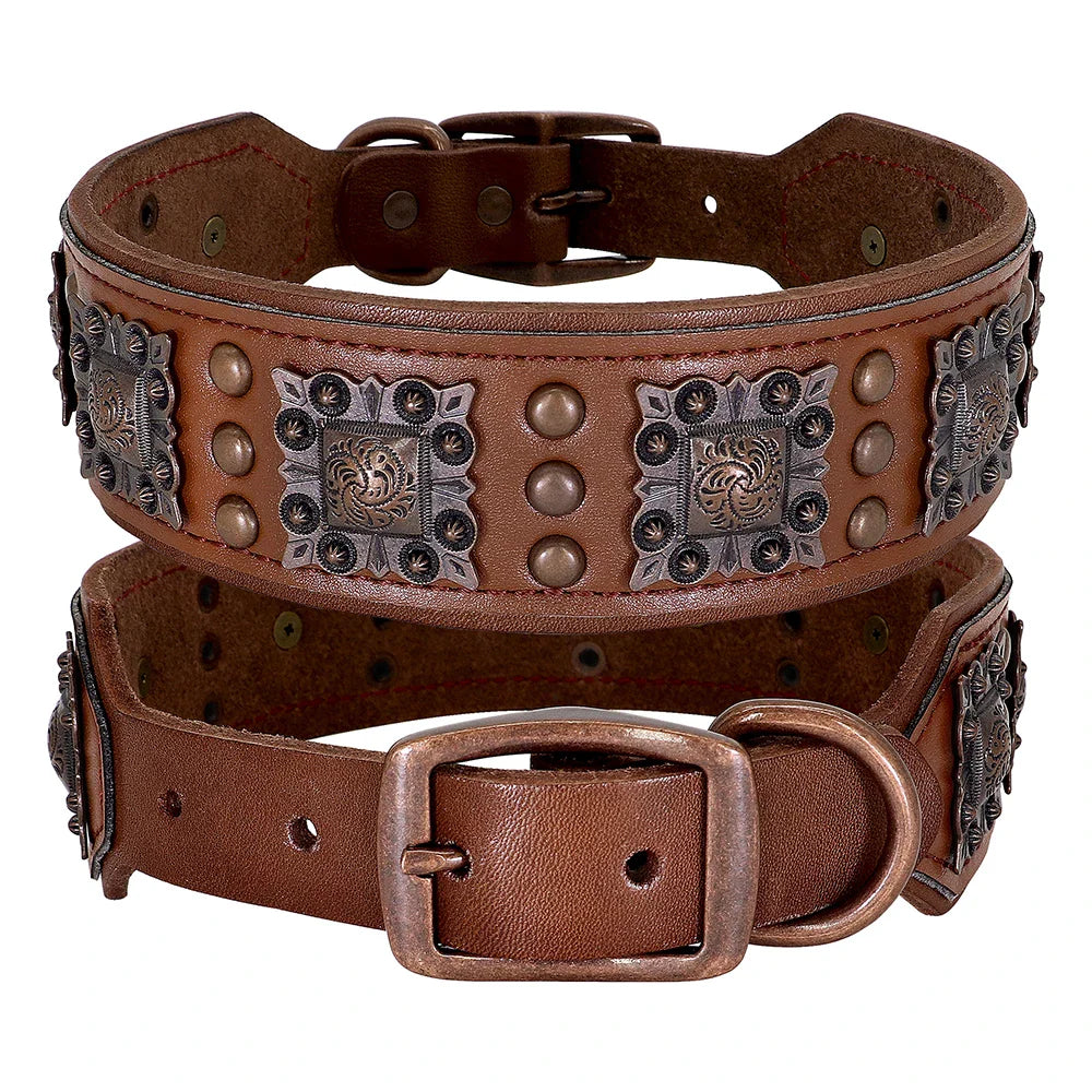 Brown leather belt with decorative studs and buckles on a white background