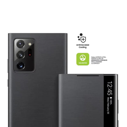 Black phone case with antimicrobial coating certification on a white background