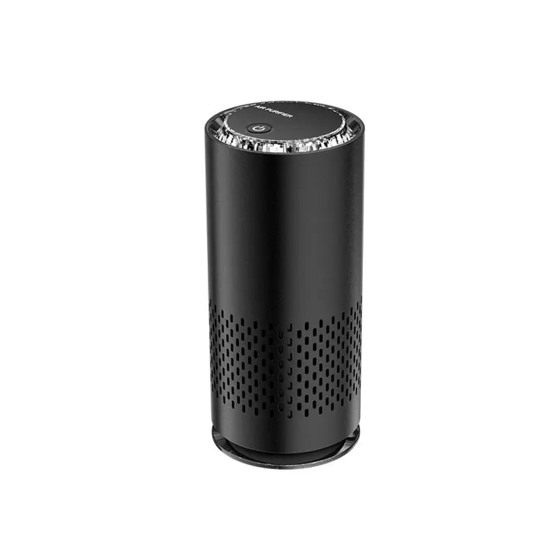 Black cylindrical air purifier on a white background