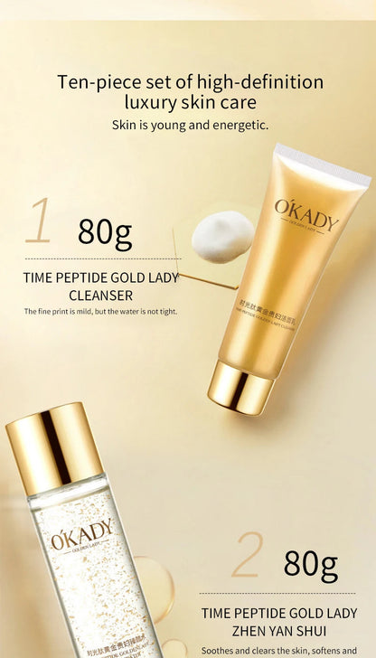 Oppe Time Peptide Gold Lady 10 Piece Set Hydrating Skin Care Set Box Moisturizing Repair Cosmetics Brightening Skin Nourishing Skin Unisex Sensitive Skin Suitable Deep Hydrating Gift Box Pure Ember