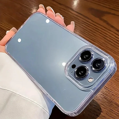 Phone case with camera lenses held by a person on a wooden surface