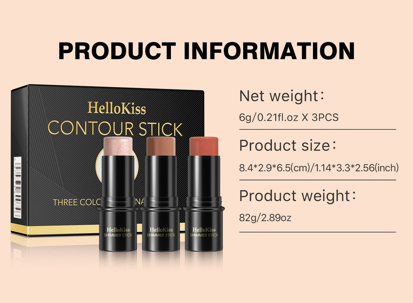 4pcs Contour Stick, Highlighter Stick, Blush Stick 4pcs Cream Contour Kit with Contour Brush, Contour, Non-greasy Pure Ember