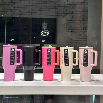 HydroJug Gobelet 40OZ Voyageur Thermos in five vibrant colors with ergonomic handles and circular flip straws, ideal for daily hydration.