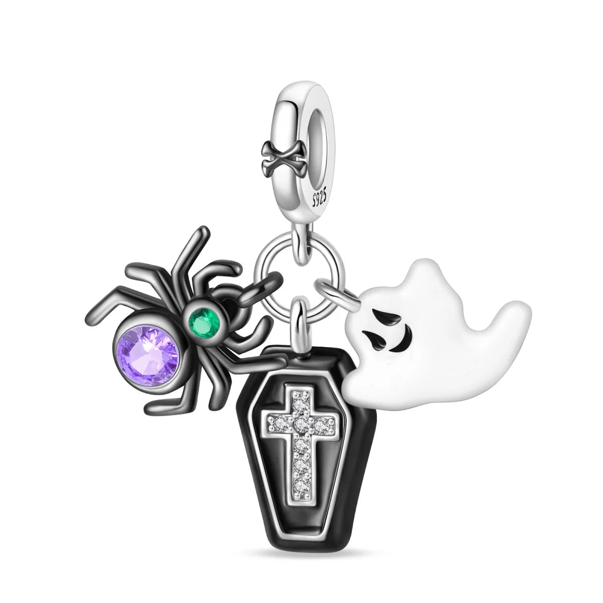 Pandora-style charm with spider, coffin, and ghost on a white background. pandora style charm pendant. gothic style, Halloween theme 