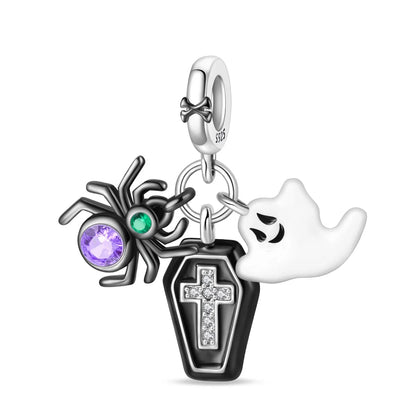 Pandora-style charm with spider, coffin, and ghost on a white background. pandora style charm pendant. gothic style, Halloween theme 