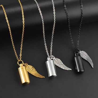 Cylinder Cremation Urn Necklace for Ashes with Angel Wing