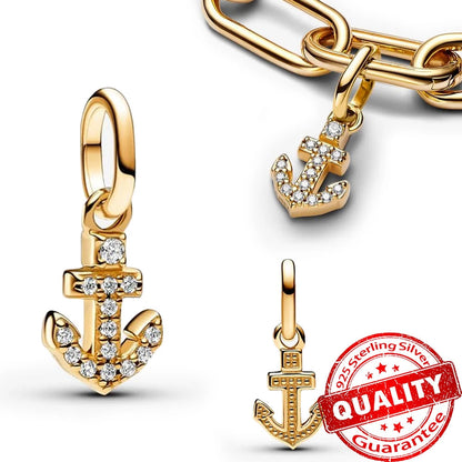 Sparkling Gold Monstera Leaf Charm Fit Original Bracelet 925 Sterling Silver Shark Tooth Mini Charms Pure Ember