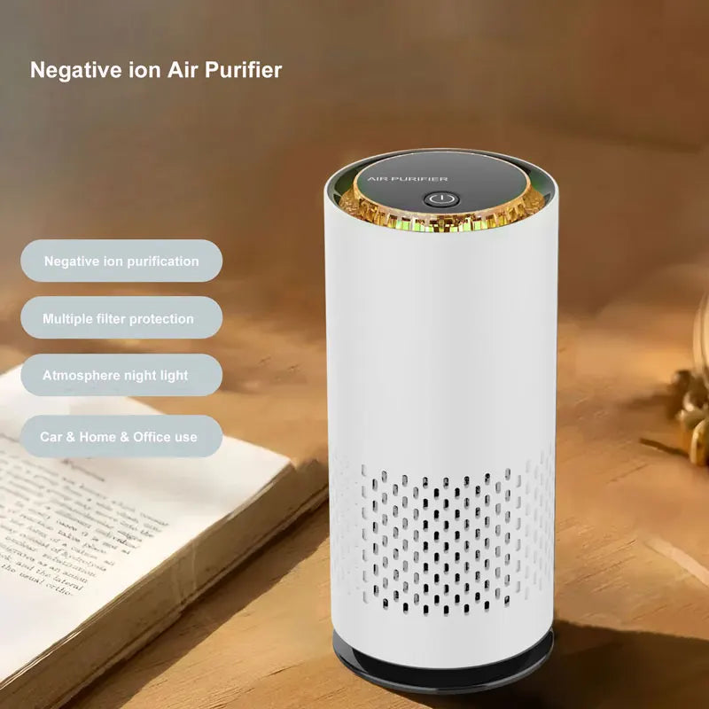 White negative ion air purifier on a wooden surface with text highlighting features.
