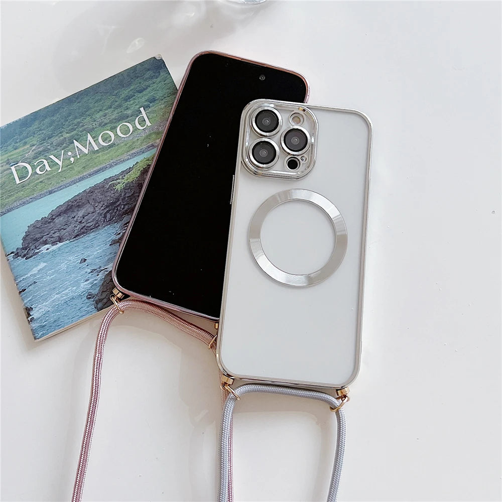 Phone case with a strap on a white surface