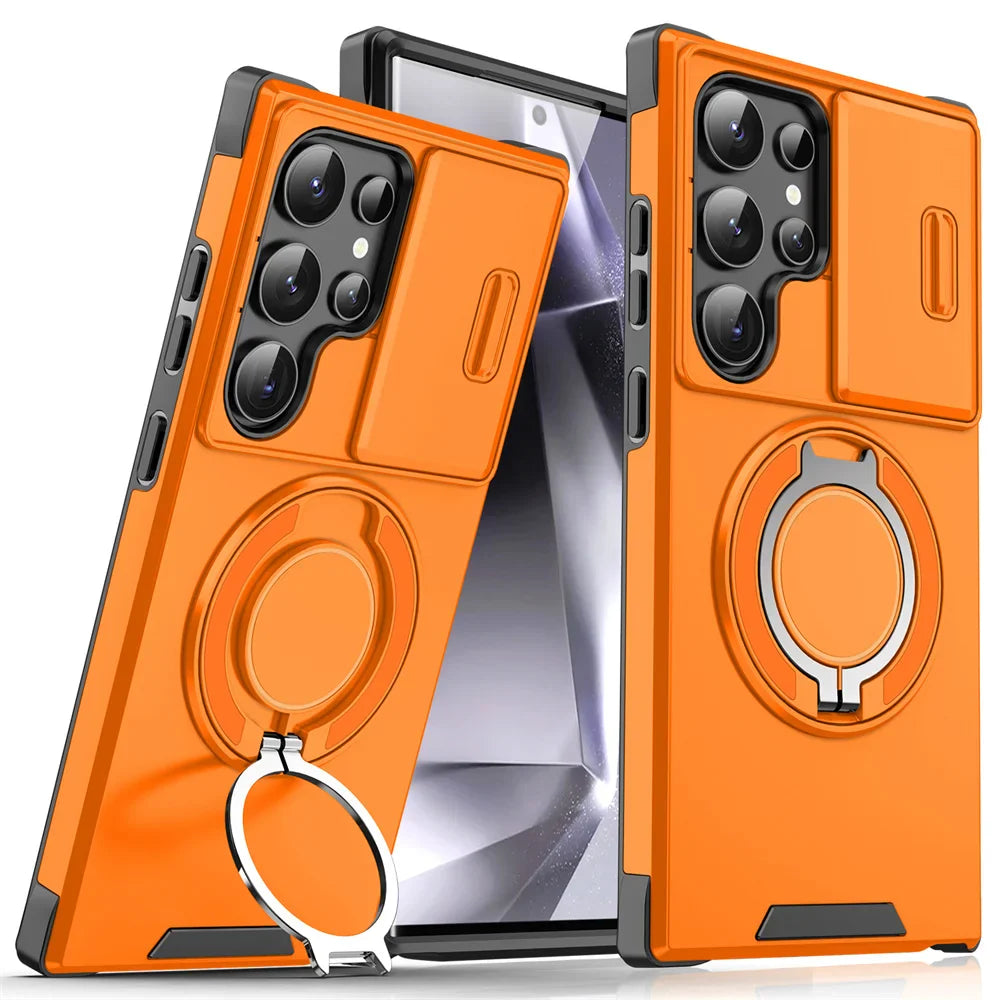 Orange phone case with ring holder on a white background