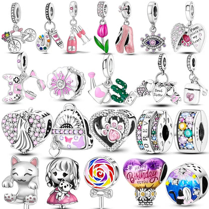 925 Sterling Silver Pink Series Colour Charms Beads Cut Girl Flower Pendant