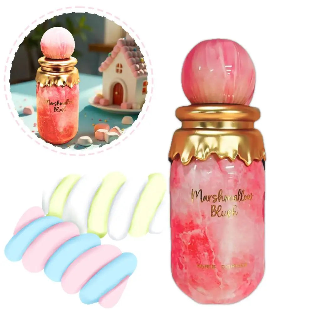 Marshmallow-themed bottle with colorful applicators on a white background