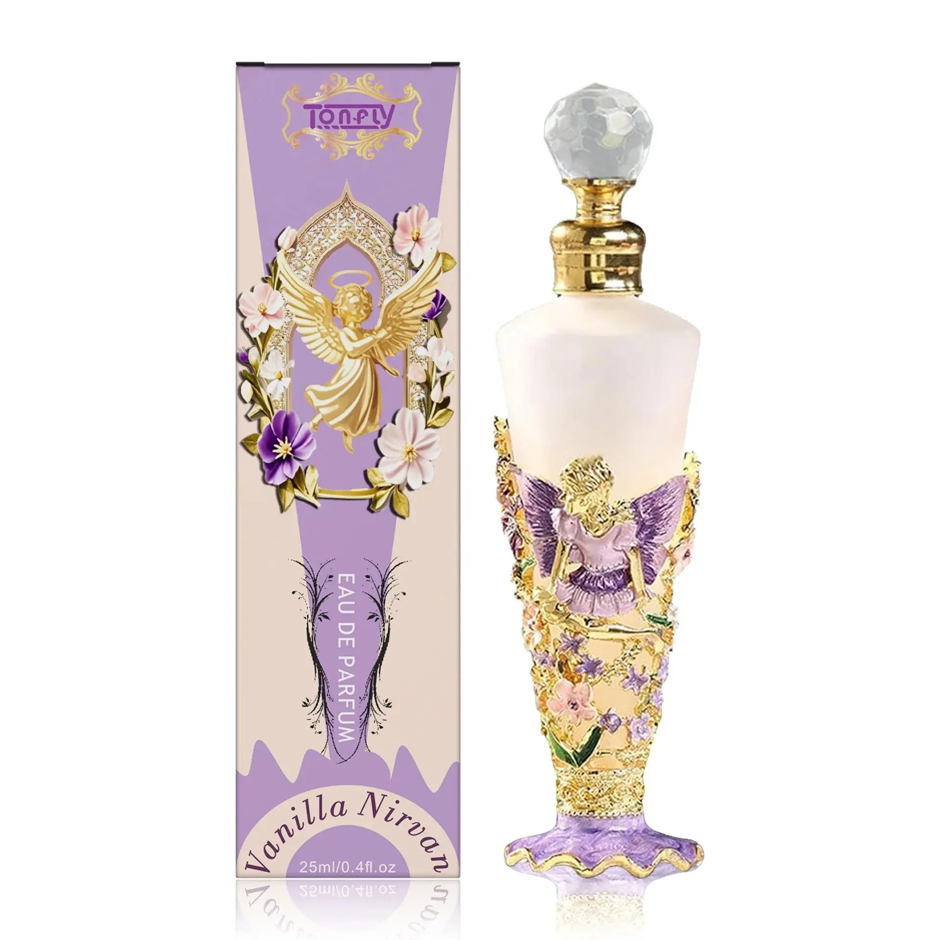 Perfume bottle and packaging with angel design on a white background