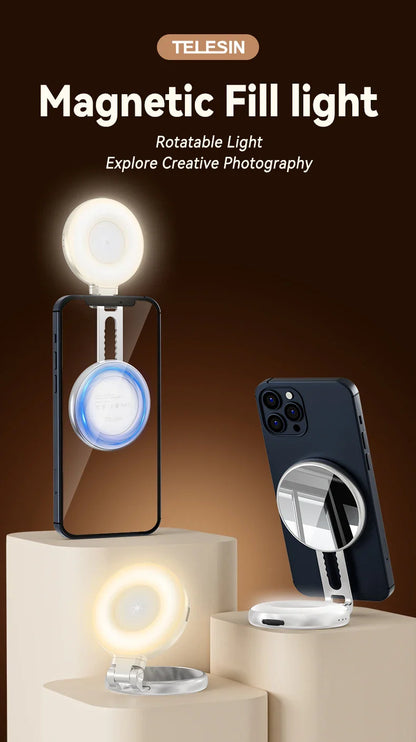 TELESIN magnetic fill light with smartphone holder on a brown background