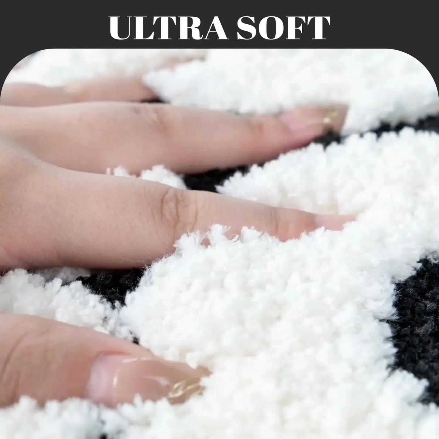 Close-up of hands holding fluffy white material with 'Ultra Soft' text above.