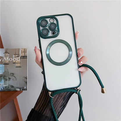 Phone case with green strap held by a hand against a neutral background