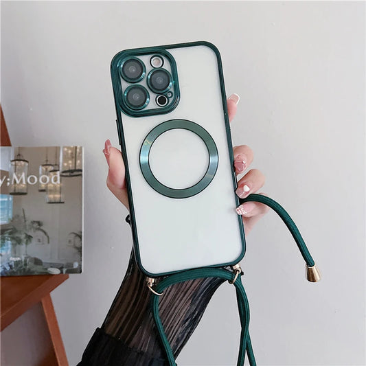 Phone case with green strap held by a hand against a neutral background