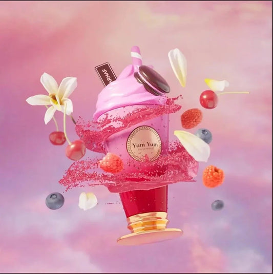Pink ice cream cone with berries and flowers on a pastel background