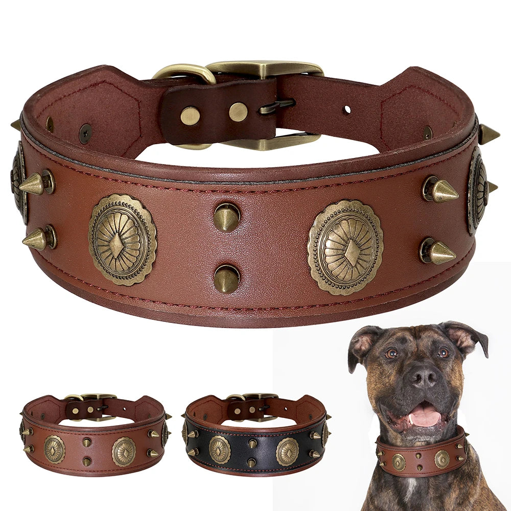 Genuine Leather Spiked Studded Dog Collar for Medium Large Dogs tan