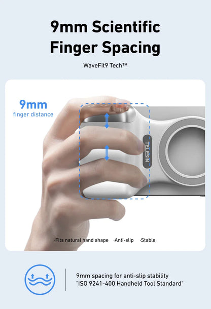 Handheld tool with 9mm scientific finger spacing design, showing a hand holding it.