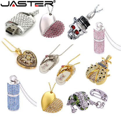 Collection of decorative USB drives on a white background with 'JASTER' branding.