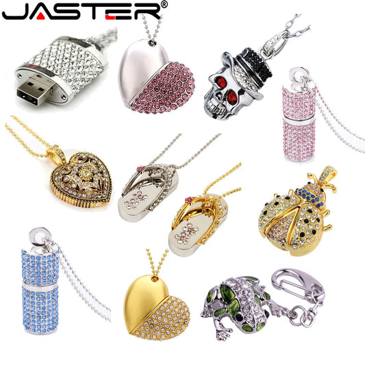 Collection of decorative USB drives on a white background with 'JASTER' branding.
