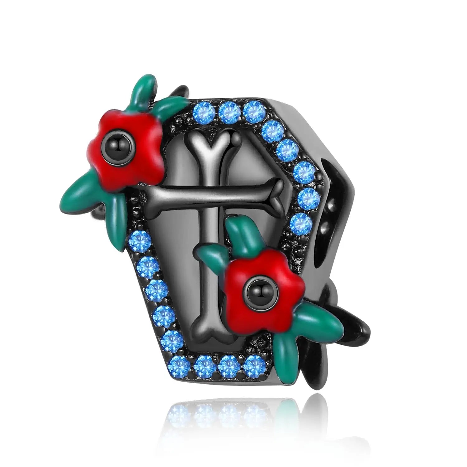 Decorative brooch with red flowers, green leaves, and blue gemstones on a white background, coffin pandora style charm pendant. Gothic style, halloween theme 