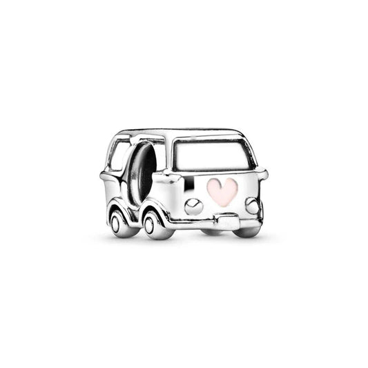 Combie van Silver charm shaped like a van with a pink heart on a white background