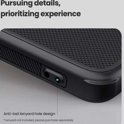 Black electronic device with textured top and anti-lost lanyard hole design on a light gray background.