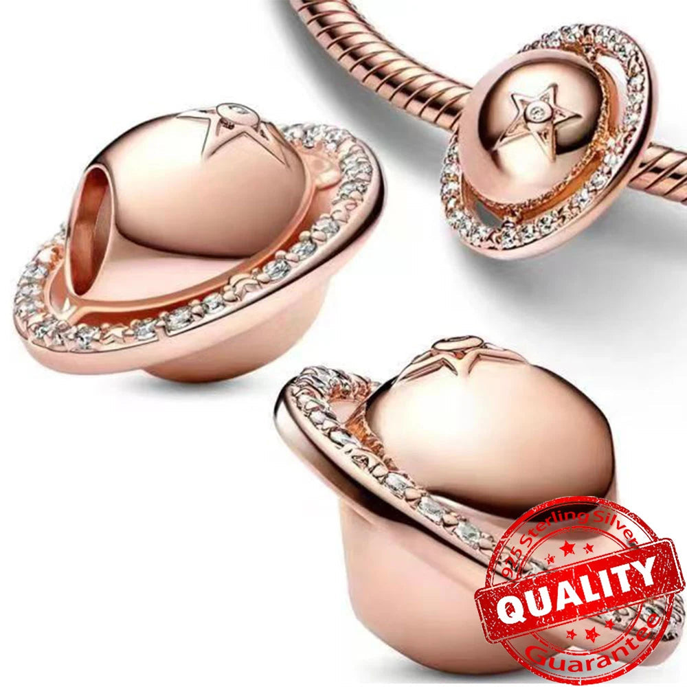 Sparkling Rose Gold Pavé Triple-row Beads Pink Gem Entwined Hearts Charm Fits Brand Bracelet Pure Ember
