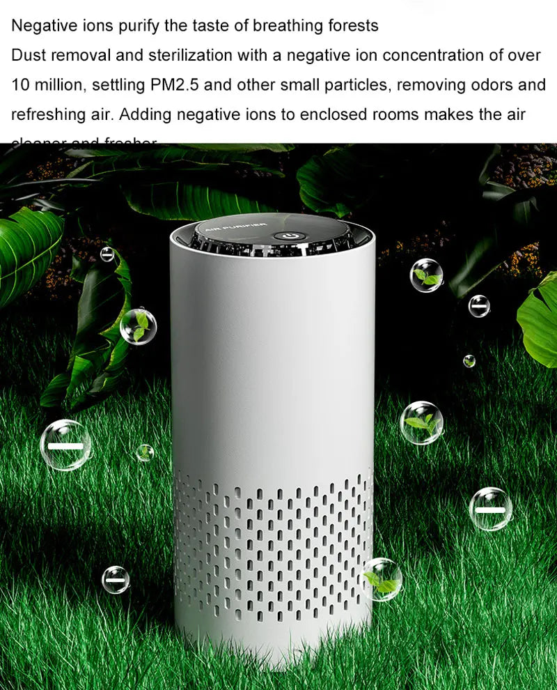 Air purifier with greenery and text about negative ions and air quality.