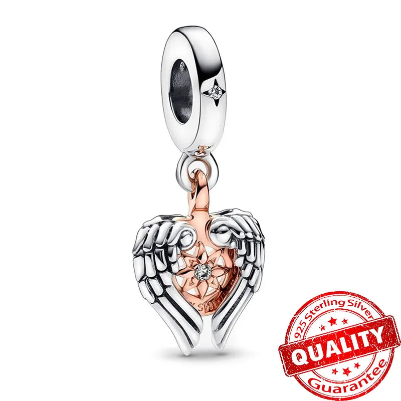 Sparkling Rose Gold Pavé Triple-row Beads Pink Gem Entwined Hearts Charm Fits Brand Bracelet Pure Ember