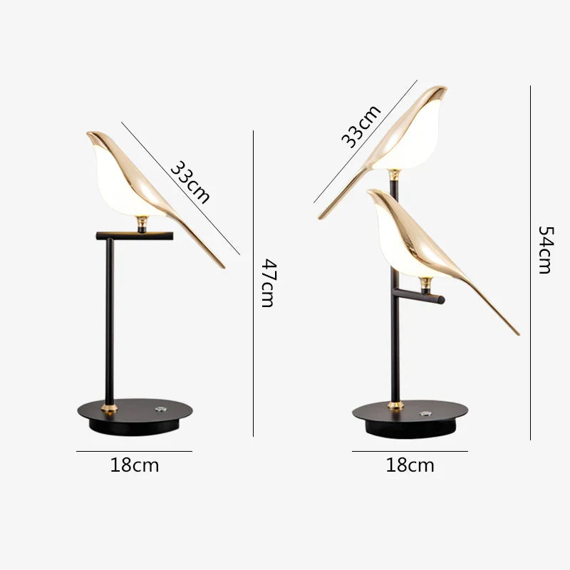 Decorative bird sculpture with measurements on a white background
