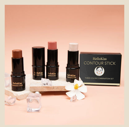 4pcs Contour Stick, Highlighter Stick, Blush Stick 4pcs Cream Contour Kit with Contour Brush, Contour, Non-greasy Pure Ember