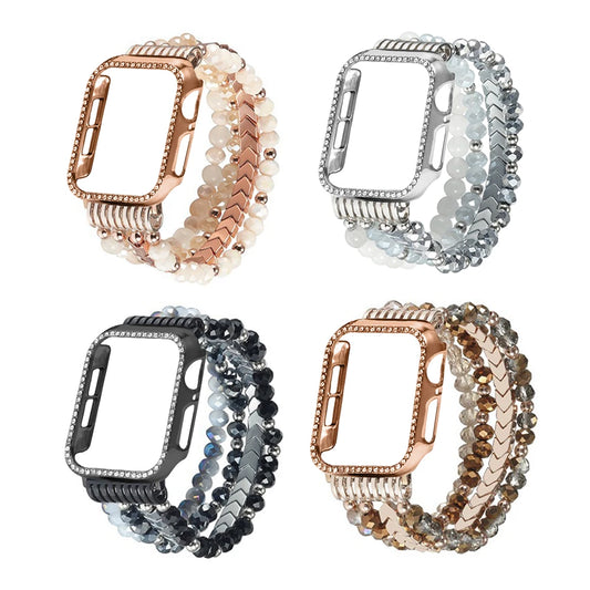 Four beaded watch cases in different colors on a white background