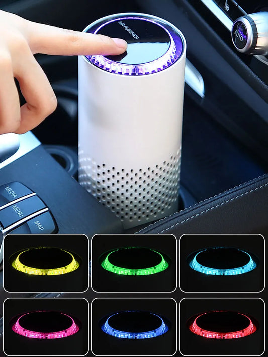 Car air freshener with colorful LED lights inside a car.